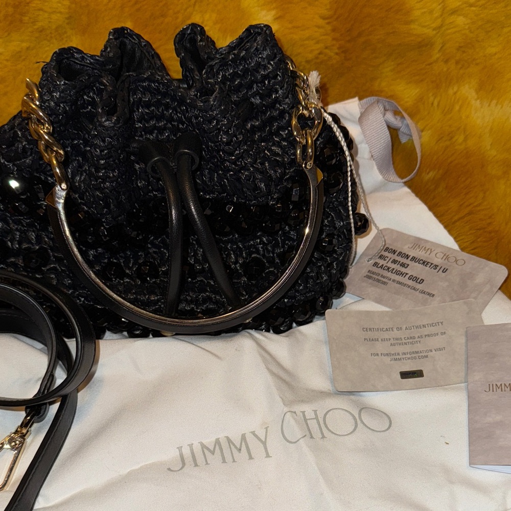 Jimmy Choo Bon Bon Bucket Black and Gold Woven Shoulder Bag